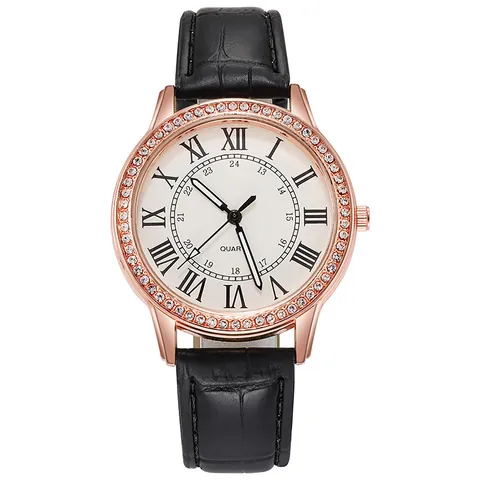 Orologio Quarzo Donna Elegante Lunetta In Strass Numeri Romani Cassa In Lega Cinturino In Pelle Coccodrillo Casual