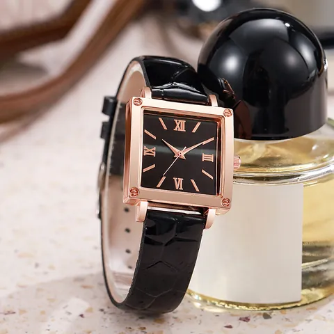 Orologio al Quarzo da Donna Quadrato Cassa in Oro Rosa Cinturino in Pelle Coccodrillo Numeri Romani Elegante Orologio da Polso