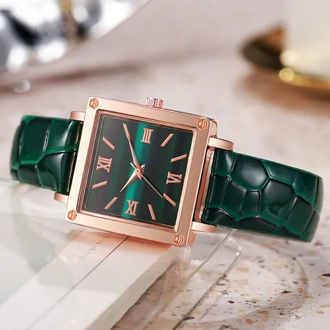 Orologio al Quarzo da Donna Quadrato Cassa in Oro Rosa Cinturino in Pelle Coccodrillo Numeri Romani Elegante Orologio da Polso
