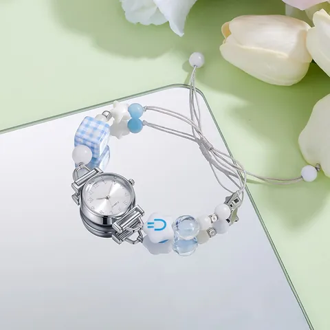 Women Fashion Beaded Bracelet Quartz Watch Sunray Pattern Dial Adjustable Drawstring Strap Cute Cartoon Beads Girls Jewelry Gift Wristwatch