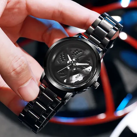 Men Fashion Quartz Watch Car Wheel Hub 3D Rotating Dial Zinc Alloy Band Racing Sport Style Wristwatch For Men Cool Gift