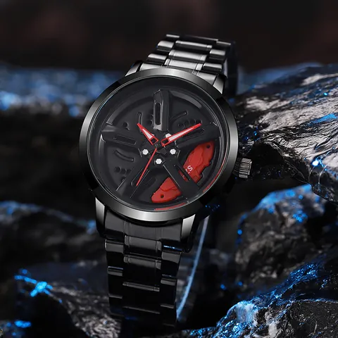 Men Fashion Quartz Watch Car Wheel Hub 3D Rotating Dial Zinc Alloy Band Racing Sport Style Wristwatch For Men Cool Gift