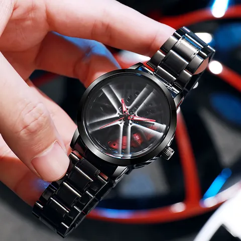 Men Sport Car Wheel Hub Rotating Watch Industrial Quartz Wristwatch Stainless Steel Band Mechanical Rim Hub Brake Caliper