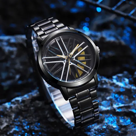 Men Sport Car Wheel Hub Rotating Watch Industrial Quartz Wristwatch Stainless Steel Band Mechanical Rim Hub Brake Caliper