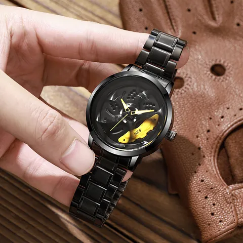 Men's Sporty Car Wheel Hub Design Rotating Quartz Watch Alloy Case Stainless Steel Buckle Fashion Racing Wristwatch
