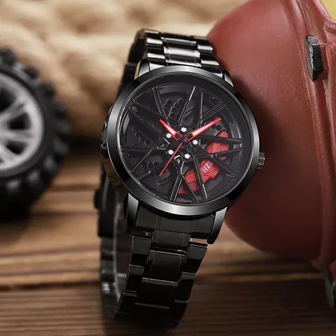 Men Fashion Racing Wheel Hub Watch Cool 3D Hollow Rotatable Rim Dial Sport Quartz Wristwatch Alloy Case Stainless Steel Strap
