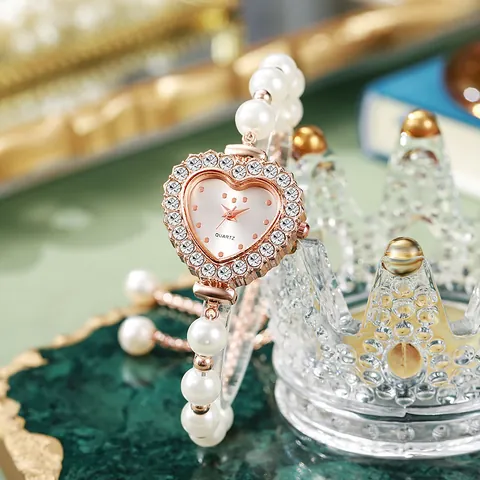 Reloj de Cuarzo Elegante para Mujer con Esfera en Forma de Corazón Caja con Strass Correa de Pulsera de Perlas de Lujo Regalo