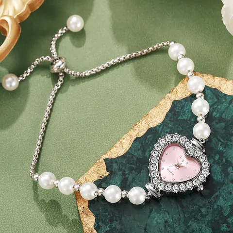 Reloj de Cuarzo Elegante para Mujer con Esfera en Forma de Corazón Caja con Strass Correa de Pulsera de Perlas de Lujo Regalo