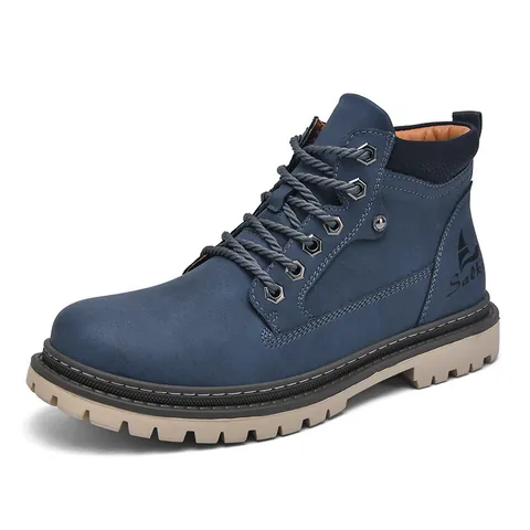 Men's British Style High Top Work Boots Solid Color Cowhide Leather Martin Boots With Thick Rubber Anti-Slip Sole Casual Lace Up Shoes
