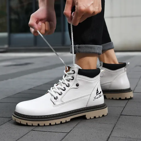 Men's British Style High Top Work Boots Solid Color Cowhide Leather Martin Boots With Thick Rubber Anti-Slip Sole Casual Lace Up Shoes