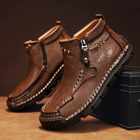 Bottines en Cuir Rétro pour Hommes Surpiqûres Artisanales Fermeture Éclair Latérale Bottes Martin Hivernales Chaudes Chaussures Décontractées pour Hommes