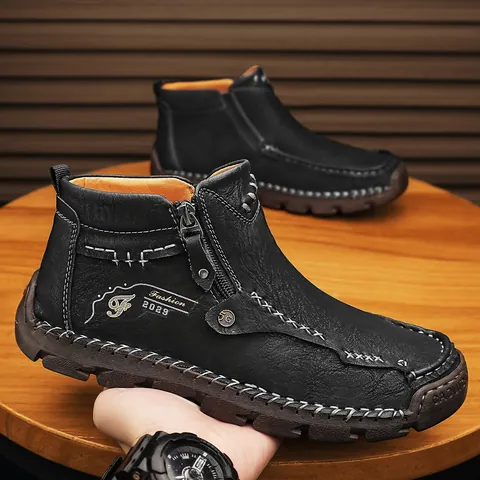 Bottines en Cuir Rétro pour Hommes Surpiqûres Artisanales Fermeture Éclair Latérale Bottes Martin Hivernales Chaudes Chaussures Décontractées pour Hommes