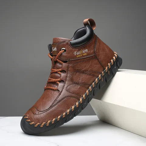 Men Martin Boots Cowhide Leather Mid-Top Tooling Shoes Stitching Vintage Casual Non-Slip Rubber Sole Outdoor Footwear