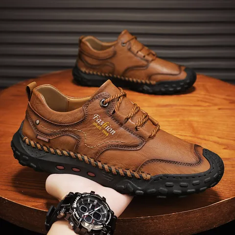 Men's Fashion Hand Stitched Microfiber Leather Casual Shoes Lightweight Outdoor Flat Loafers Non-Slip Rubber Sole Footwear