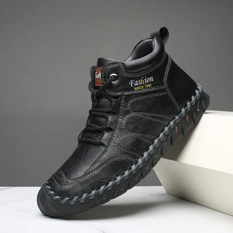 Men Martin Boots Cowhide Leather Mid-Top Tooling Shoes Stitching Vintage Casual Non-Slip Rubber Sole Outdoor Footwear