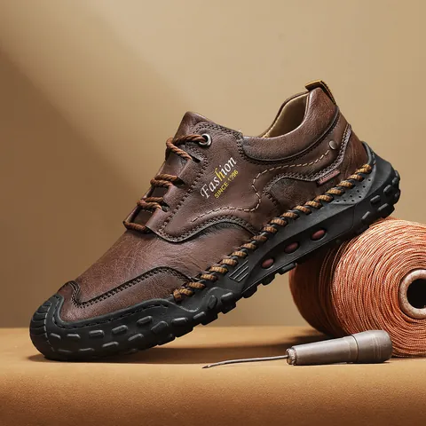 Men's Fashion Hand Stitched Microfiber Leather Casual Shoes Lightweight Outdoor Flat Loafers Non-Slip Rubber Sole Footwear