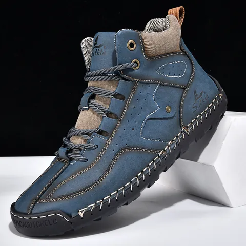 Men's High-Top Pigskin Leather Martin Boots Retro Hand-Stitched Outdoor Casual Boots Anti-Slip Rubber Sole Large Size Footwear