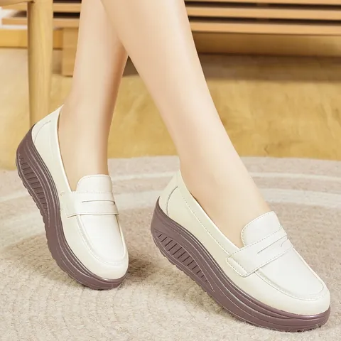 Women Top Layer Cowhide Leather Thick Sole Rocker Loafers Comfortable Non-Slip Platform Wedge Granny Shoes For Elderly Walking