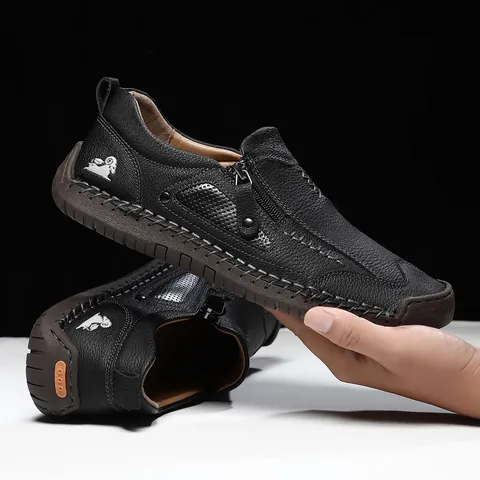 Men Casual Microfiber Leather Loafers With Side Zipper Hand Stitching Breathable Anti Slip Rubber Sole Outdoor Walking Shoes