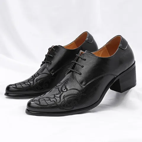 Men Vintage Cuban Shoes Artificial Leather Embroidered Floral High Heel Pointed Toe Formal Shoes For Banquet Party Wedding