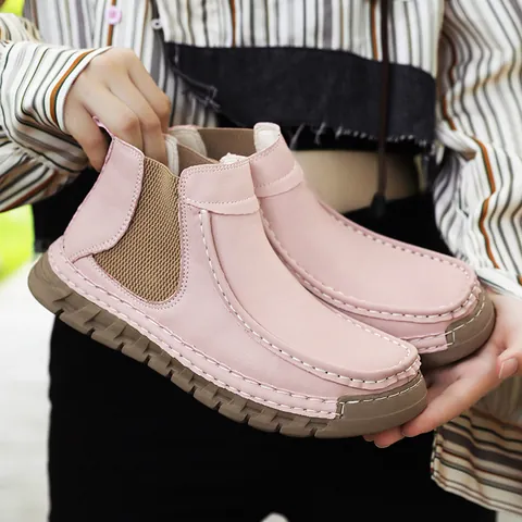 Bottines Chelsea Décontractées pour Femmes Chaussures Plates en Cuir PU Cousues Main Chaussures de Marche Confortables Grandes Tailles