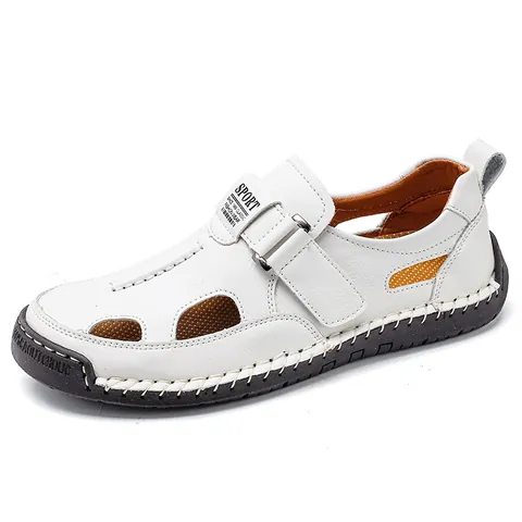 Men's Casual Closed Toe Sandals Summer Outdoor Beach Shoes Breathable Non-slip Soft Sole PU Leather Velcro Sandals