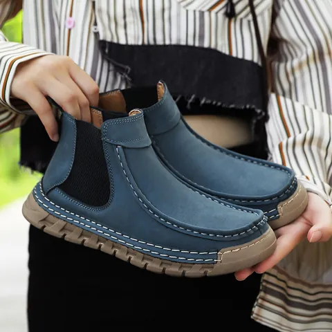 Bottines Chelsea Décontractées pour Femmes Chaussures Plates en Cuir PU Cousues Main Chaussures de Marche Confortables Grandes Tailles