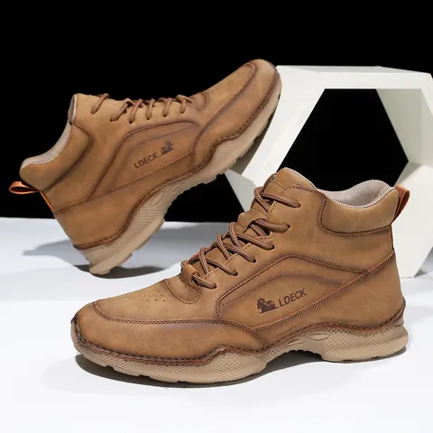 Bottes Martin Décontractées pour Hommes en Cuir Microfibre Coupe Mi Haute Lacets Mode Extérieur Coutures Antidérapant Semelle en Caoutchouc Chaussures d'Hiver