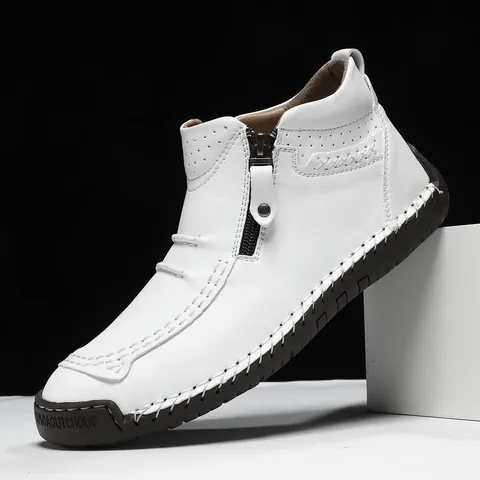 Men's British Style Casual Mid-Top Short Boots with Side Zipper Hand Stitched Breathable Microfiber Rubber Sole Flat Shoes
