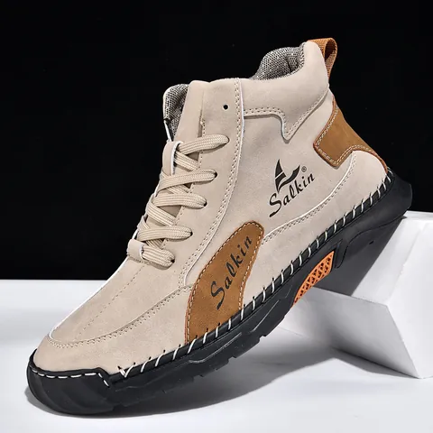 Salkin Men's Mid-Cut Casual Martin Boots Large Size Outdoor Hiking Shoes Microfiber Leather Synthetic Upper Fashion Round Toe Side Zipper Lace Up Manual Stitching Boots