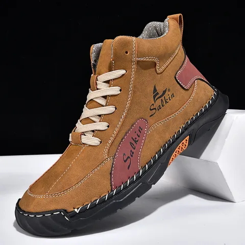 Salkin Men's Mid-Cut Casual Martin Boots Large Size Outdoor Hiking Shoes Microfiber Leather Synthetic Upper Fashion Round Toe Side Zipper Lace Up Manual Stitching Boots