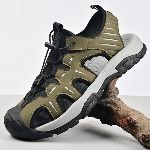 Herren Outdoor Leder Sandalen Geschlossene Zehenkappe Sport Sandalen Atmungsaktiv Strand Schuhe Schnellverschluss Rutschfeste Sohle