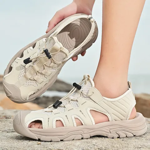 Herren Outdoor Leder Sandalen Geschlossene Zehenkappe Sport Sandalen Atmungsaktiv Strand Schuhe Schnellverschluss Rutschfeste Sohle