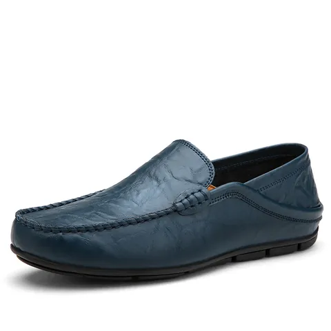 Men British Style Genuine Leather Loafers Casual Driving Shoes Hand Stitched Cowhide Slip On Moccasins Breathable Flat Footwear