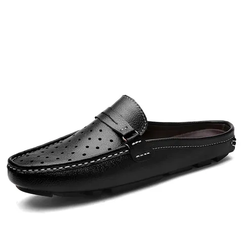 Mules da Uomo in Pelle Crosta di Vacca Traspiranti Traforati a Punta Chiusa Mocassini Senza schienale Scarpe da Guida Casual Slip On Estate Stile Britannico