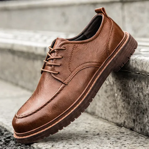 Men Casual Leather Shoes British Style Work Derby Shoes Genuine Leather Lace-up Non-slip Low-top Business Daily Footwear