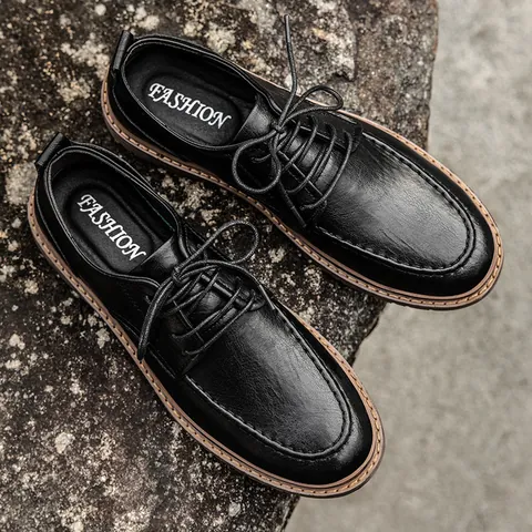Men Casual Leather Shoes British Style Work Derby Shoes Genuine Leather Lace-up Non-slip Low-top Business Daily Footwear