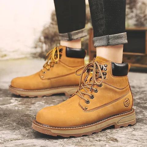 Men Top Layer Cowhide Martin Boots High Top Waterproof Non Slip Winter Warm Plush Work Boots Fashion Casual Footwear