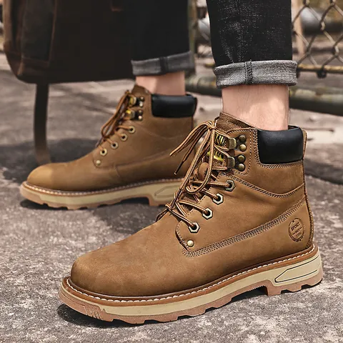 Men Top Layer Cowhide Martin Boots High Top Waterproof Non Slip Winter Warm Plush Work Boots Fashion Casual Footwear