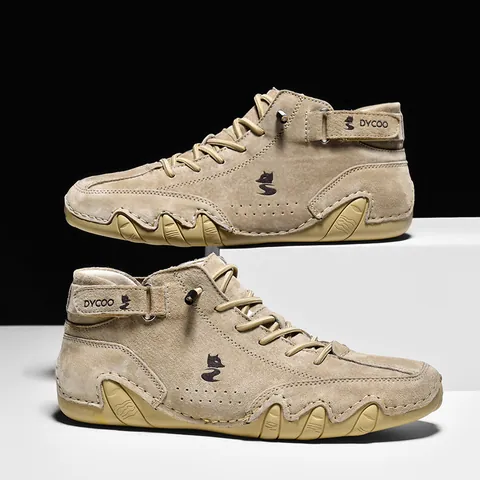 Men High Top Casual Leather Shoes Outdoor Non-Slip Sneakers Breathable Fashion Walking Footwear For Men Khaki Black Grey