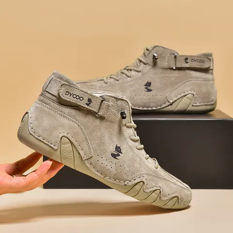 Men High Top Casual Leather Shoes Outdoor Non-Slip Sneakers Breathable Fashion Walking Footwear For Men Khaki Black Grey