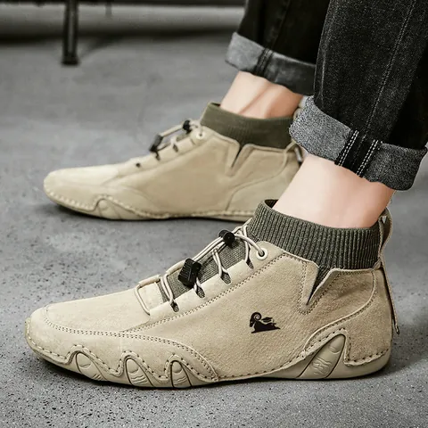 Men's Pigskin Leather Martin Boots With Knit Sock Collar Warm Plush Lining Casual Outdoor Non-Slip High Top Ankle Boots