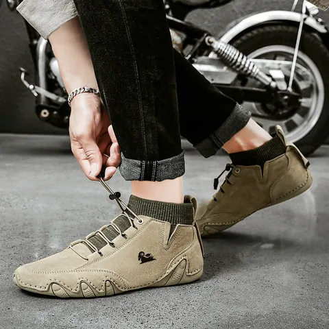 Men's Pigskin Leather Martin Boots With Knit Sock Collar Warm Plush Lining Casual Outdoor Non-Slip High Top Ankle Boots