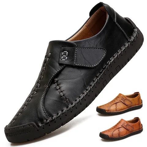 Men's Cowhide Leather Casual Loafers Hand-Stitched Slip-On British Style Flat Shoes Yellow Brown Red Brown Black Men Shoes