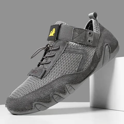 Mens Breathable Mesh Pigskin Casual Shoes Outdoor Hiking Sneakers Quick Lace Lightweight Non Slip Rubber Sole Walking Shoes