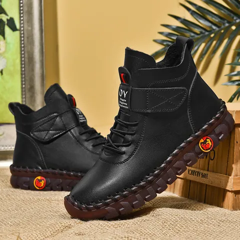 Women Winter Martin Boots Warm Lining PU Leather Thick Sole Hook And Loop Casual British Style High Top Fashion Shoes