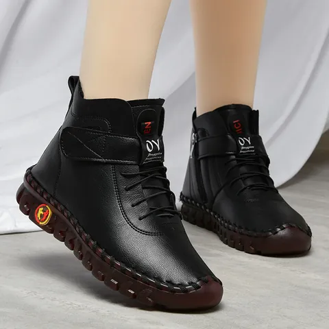 Women's Winter Warm High Top Boots Microfiber Leather Soft Sole Non-Slip Casual Mother Shoes Zipper Velcro