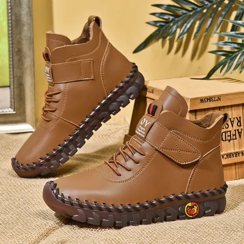Women Winter Martin Boots Warm Lining PU Leather Thick Sole Hook And Loop Casual British Style High Top Fashion Shoes
