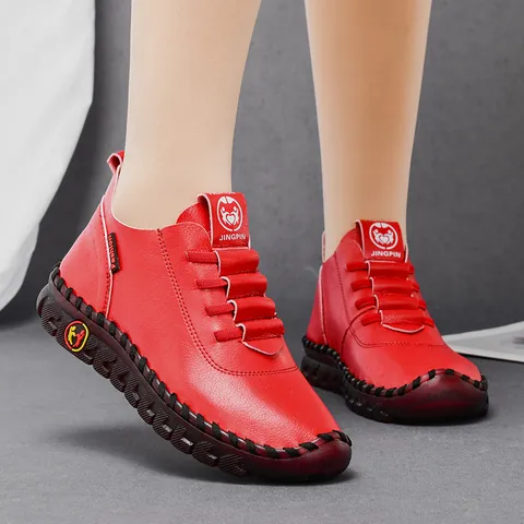Women Casual Genuine Leather Flat Shoes Soft Tendon Sole Hand Sewn Loafers Comfortable Non Slip Walking Shoes For Ladies
