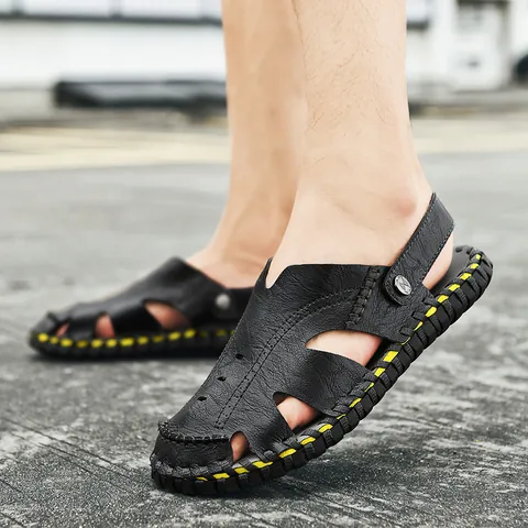 Herren Casual Geschlossene Mikrofaser Sandalen Atmungsaktiv Hohl Handgenäht Outdoor Strand Schuhe Zwei-Wege-Hausschuhe